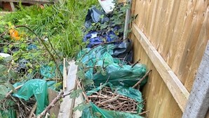 A cluttered outdoor area with green plastic bags filled with branches and leaves, wooden planks, and a wooden fence. - 4-bed House - Sleeps 8, Garden & Central Links (London)