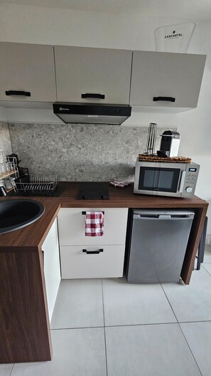 Microwave, stovetop - 15 min walk from the spa, studio with separate sleeping area, terrace, secure parking. (Balaruc-les-Bains)