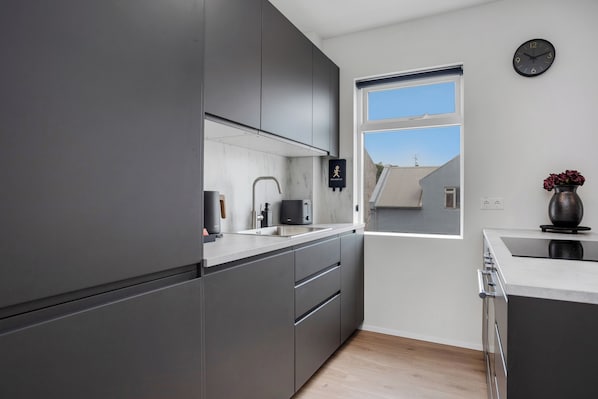 Fridge, oven, dishwasher, cookware/dishes/utensils