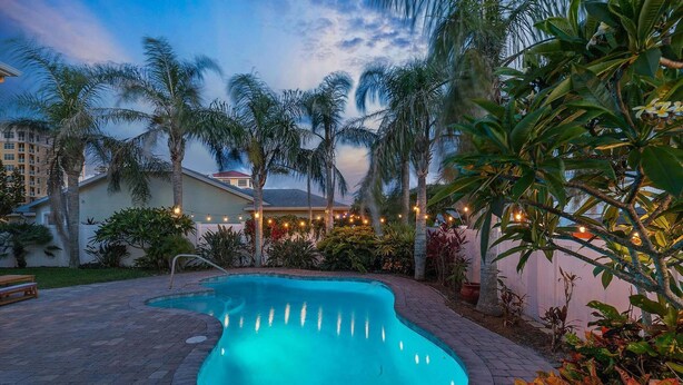 Una piscina a forma di curva, circondata da palme e un patio con luci a stringa.