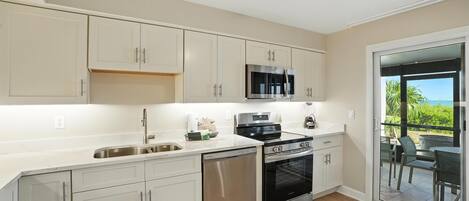 A modern kitchen with white cabinets, stainless steel appliances, and a dishwasher.
