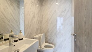 Hair dryer, towels, soap, toilet paper