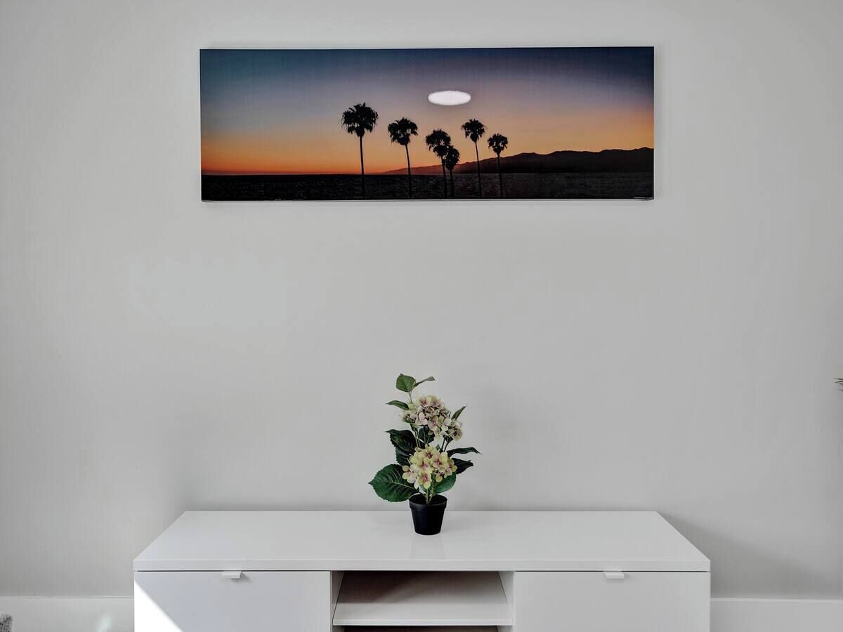 A white cabinet with a potted plant in front of a wall-mounted painting of a sunset with palm trees.