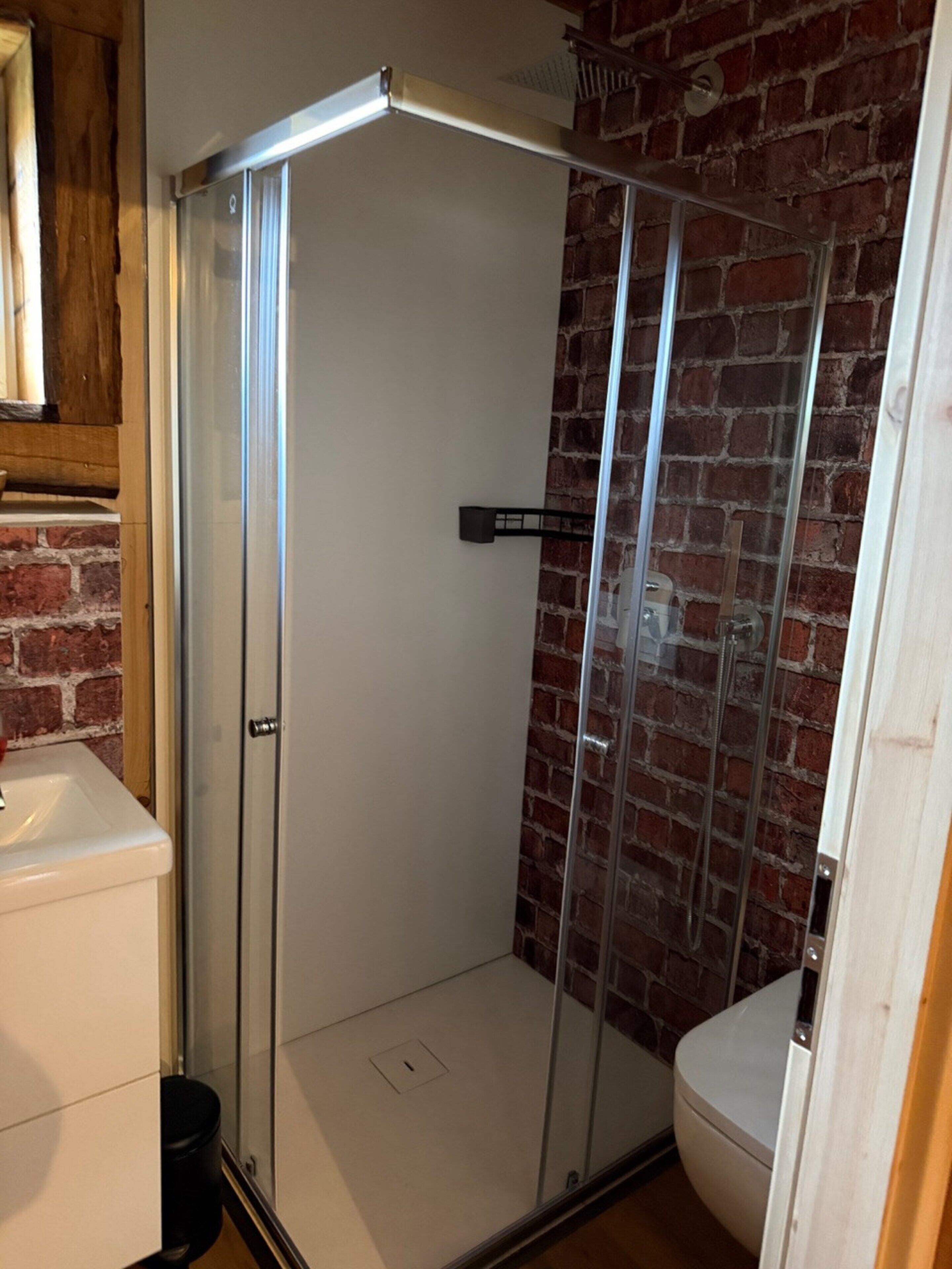 A bathroom with a glass-enclosed shower, a white toilet, and a sink.