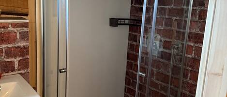 A bathroom with a glass-enclosed shower, a white toilet, and a sink.