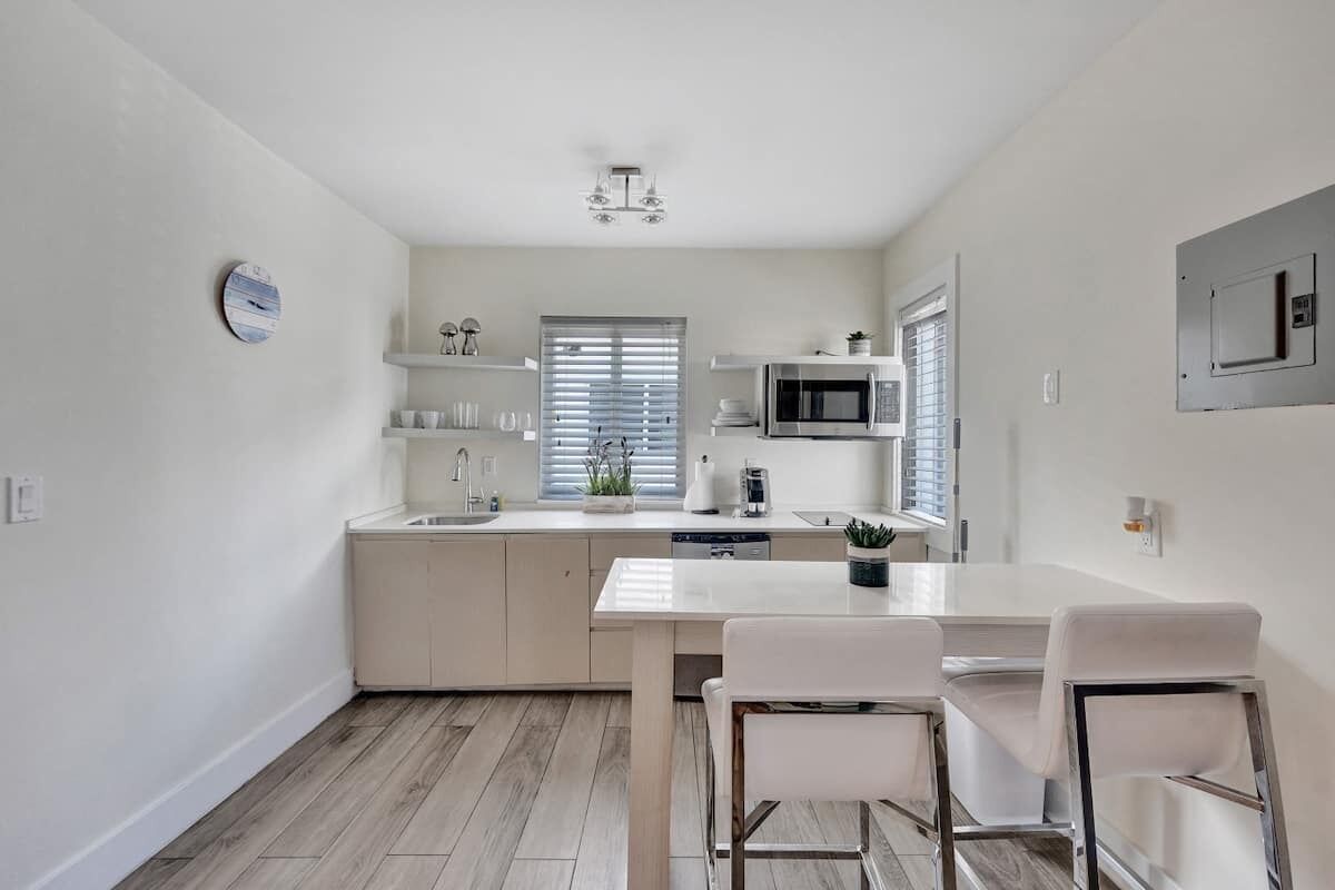 A modern kitchen with white cabinetry, a central island, and bar-style seating.