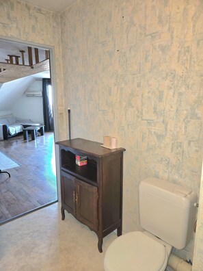 Hair dryer, towels, soap, toilet paper