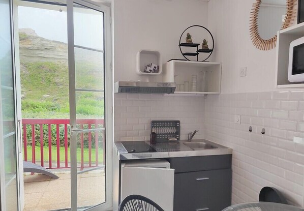 Fridge, microwave, oven, coffee/tea maker