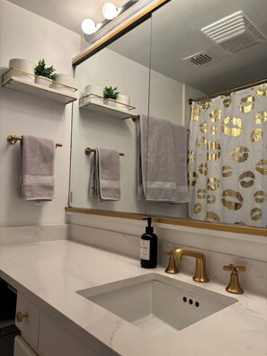 Hair dryer, towels, soap, shampoo