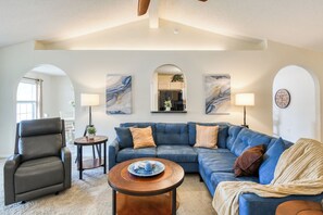 Smart TV, fireplace, books