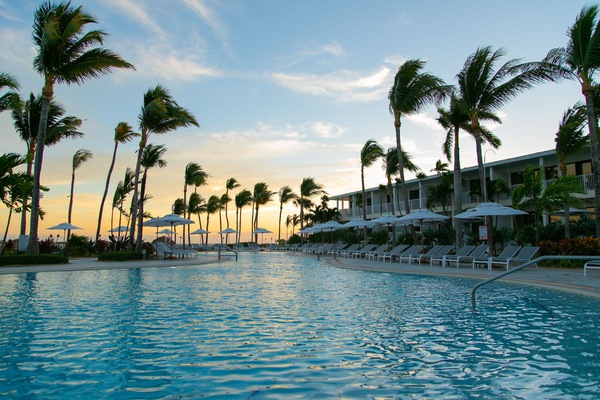 Golden hour glows over a palm-lined pool, where gentle breezes and tranquil waters set the scene for pure coastal relaxation.