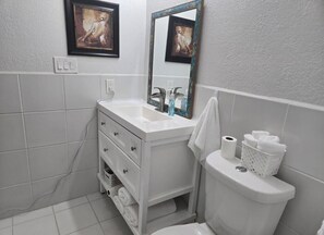 Secadora de cabello, toallas, jabón, papel de baño 