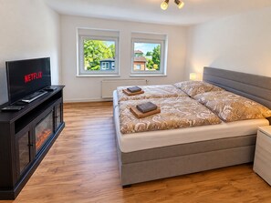 Ein Schlafzimmer mit einem Bett, einem Fernseher, einem Kamin und zwei Fenstern.