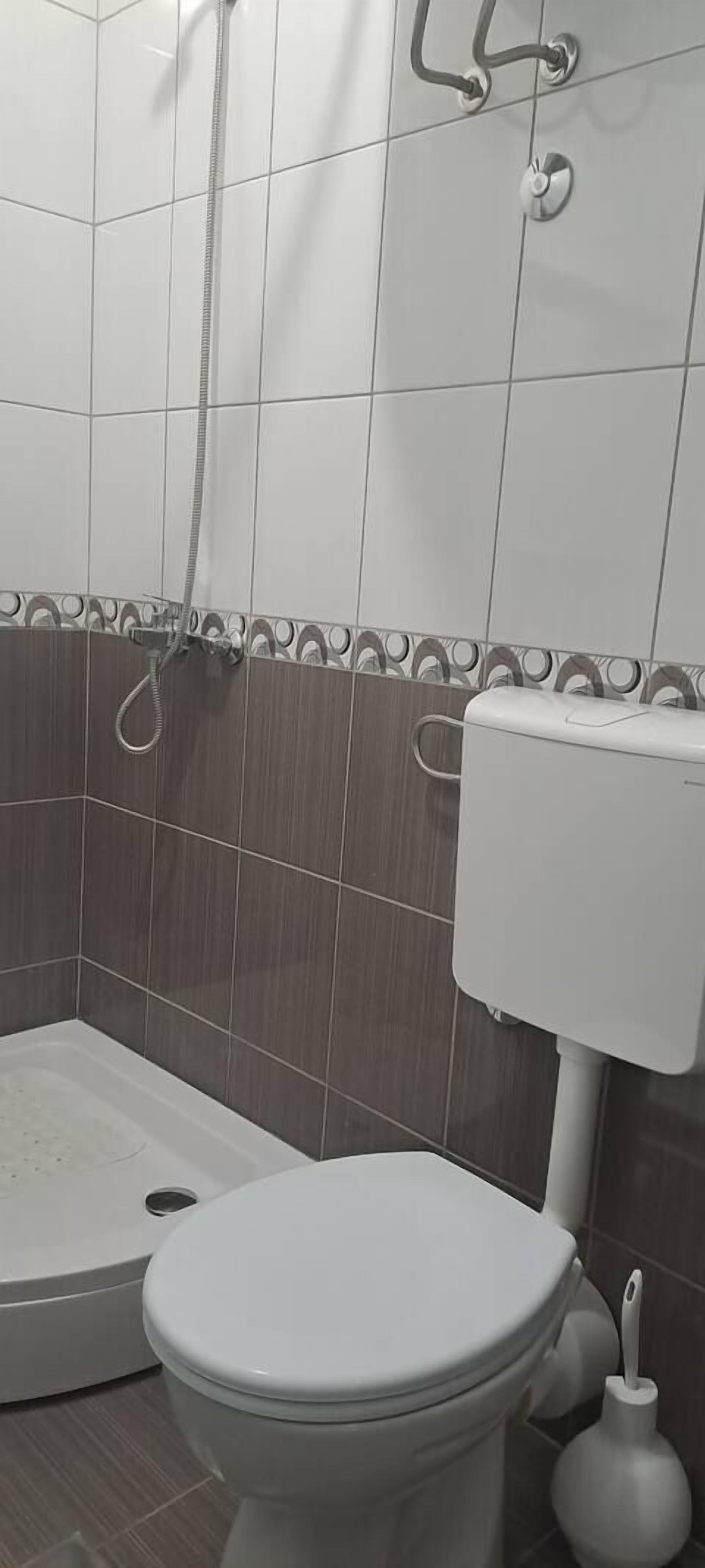 A bathroom with a shower, toilet, and bidet.