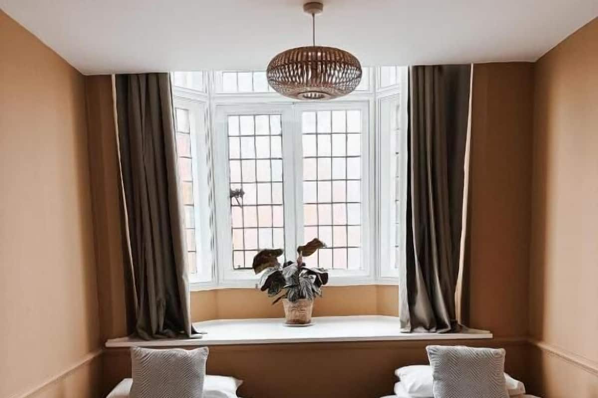 A room with two single beds, a window with curtains, a hanging light fixture, and a potted plant on the windowsill.