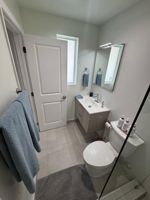Douche, sèche-cheveux, serviettes fournies, savon