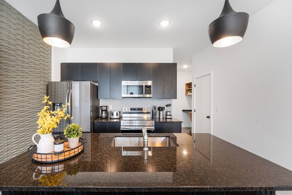 Fridge, microwave, oven, stovetop