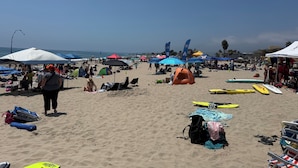 A beach with tents, umbrellas, and surfboards. - One Bedroom ground floor condo with Private Patio steps to Carpinteria beach (Carpinteria)