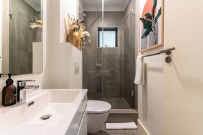 Shower, hair dryer, towels, soap
