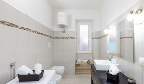 Shower, hair dryer, bidet, towels