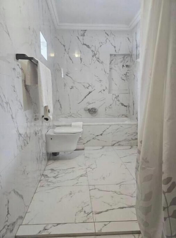 Hair dryer, towels, soap, toilet paper