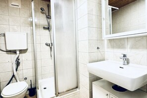 Chuveiro, secador de cabelo, bidê, toalhas de banho