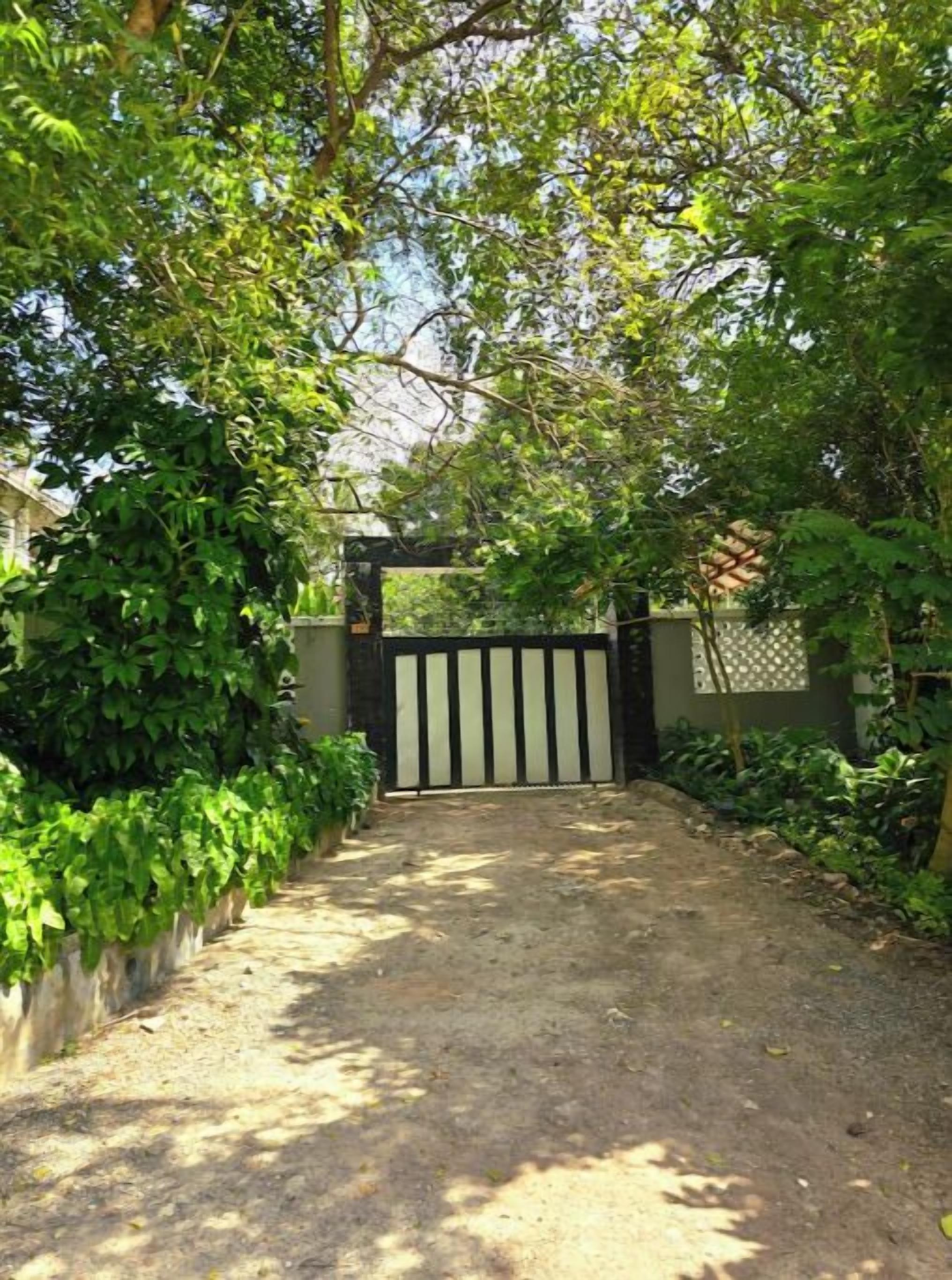 A gated entrance with a dirt path leading to a building, surrounded by lush greenery.