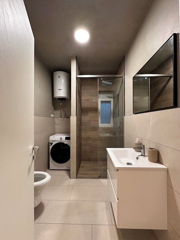 Hair dryer, bidet, towels, soap