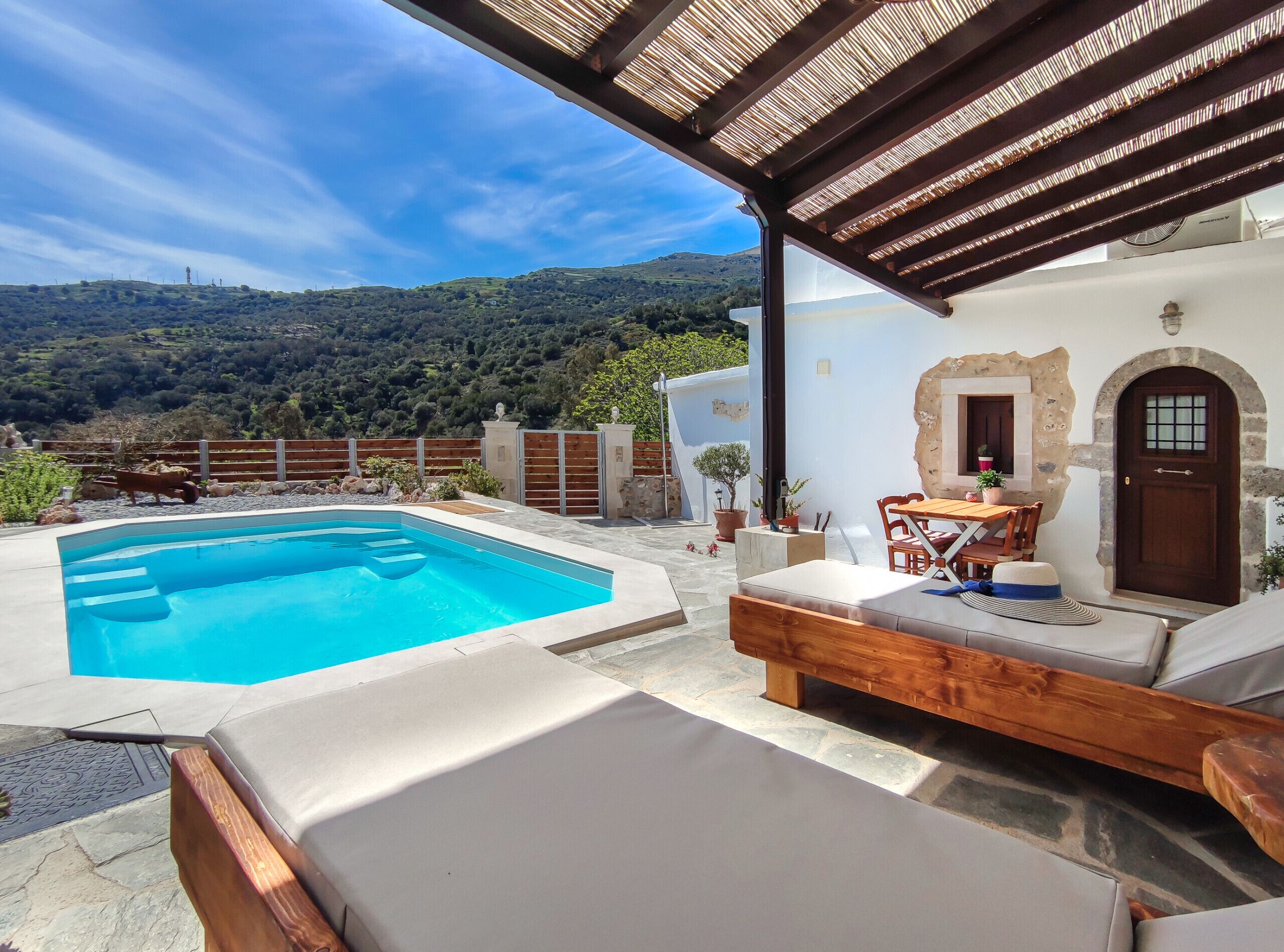 Outdoor pool, pool umbrellas, pool loungers