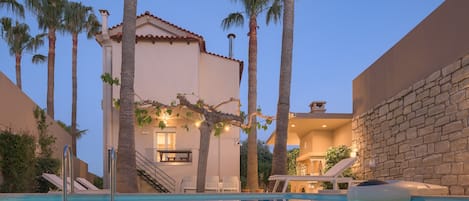 Outdoor pool, pool umbrellas, pool loungers