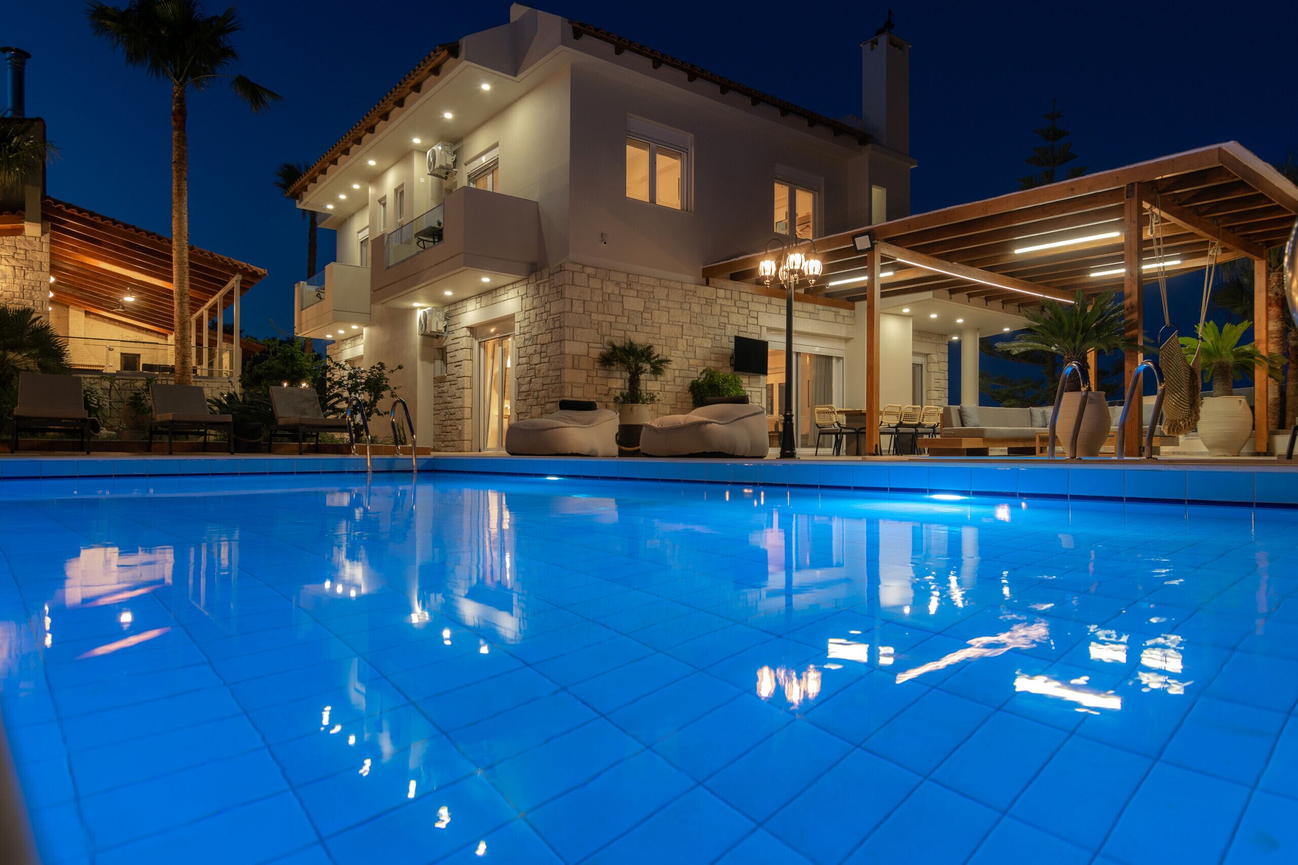 Outdoor pool, pool umbrellas, pool loungers