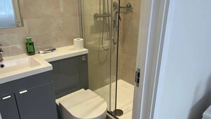 A modern bathroom with a glass shower enclosure, a toilet, and a sink with toiletries. - Cozy Cromwell Cottage in Croydon (Croydon)