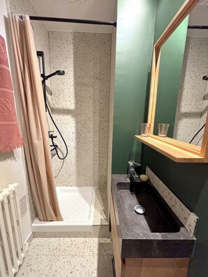 Shower, towels, toilet paper