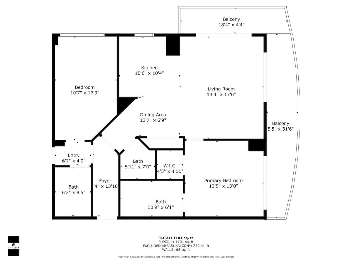 A floor plan of a house with a total area of 1111 sq. ft. It includes a bedroom, kitchen, dining area, living room, two balconies, two bathrooms, a foyer, and an entryway.