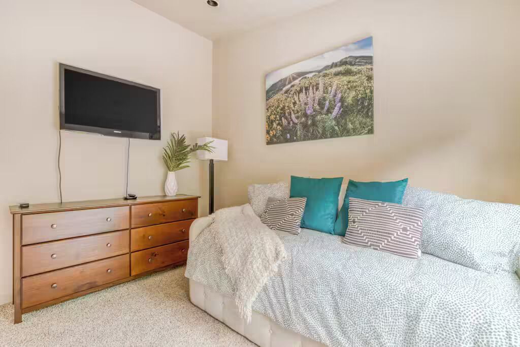 A bedroom with a bed, a dresser, a television, and a wall-mounted picture.