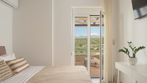 A bedroom with a bed, a potted plant, a TV, and a balcony with a view.
