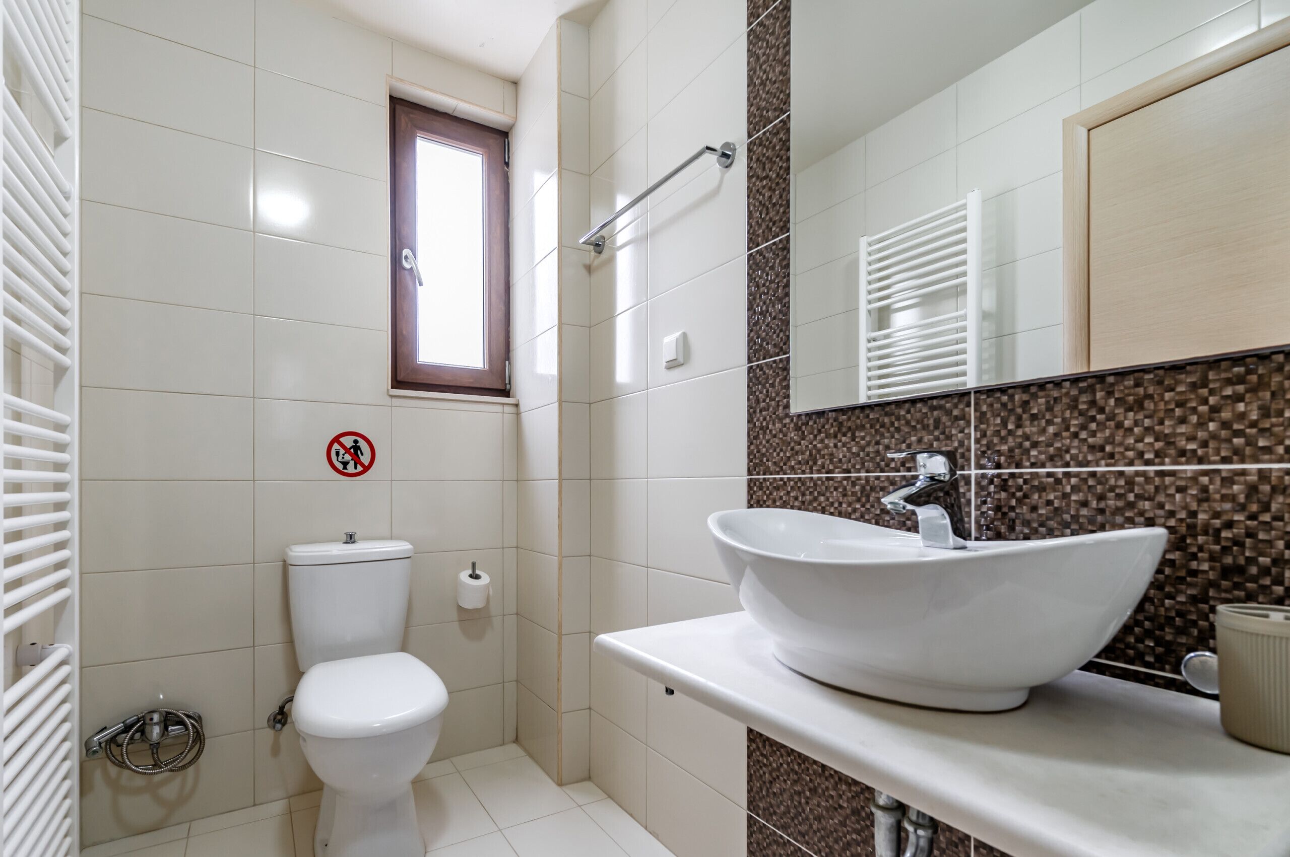 A bathroom with a white toilet, a white sink, a mirror, and a shower area.