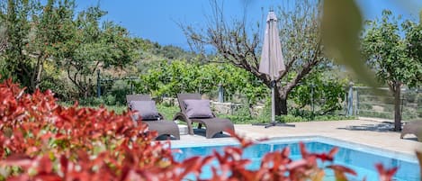 Outdoor pool, pool umbrellas, pool loungers