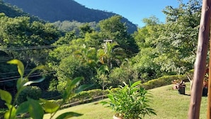 A well-maintained garden with a variety of plants and a wooden structure.