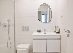 Shower, hair dryer, towels, soap