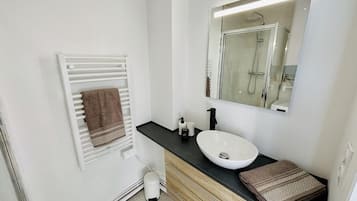 Shower, hair dryer, towels
