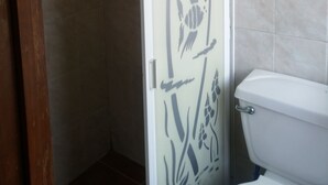 Baño con ducha, inodoro y puerta de diseño decorativo.