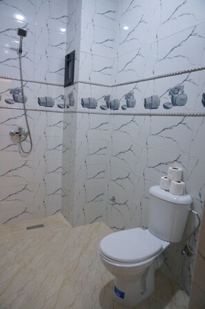 Shower, towels, soap, toilet paper