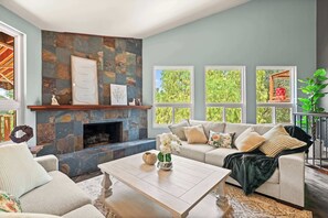 House, Multiple Beds, Patio, Mountain View (1980-2 Chino Hills) | Living area | TV, fireplace - Mountain View Family Retreat w Game Room & Scenic Decks (Pomona)