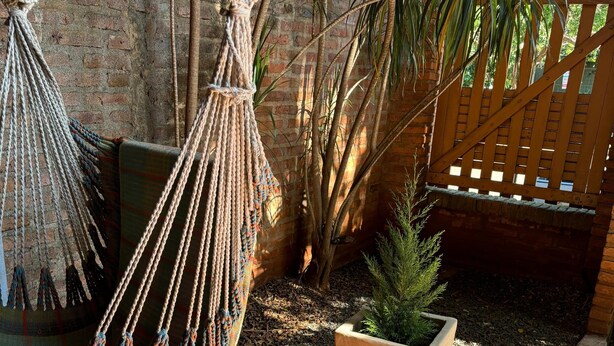 Una hamaca colgada entre un muro de ladrillo y una valla de madera, con una planta en maceta y una zona de patio con baldosas.