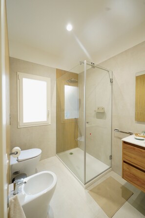 Hair dryer, bidet, towels, soap