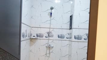 Shower, towels, soap, toilet paper