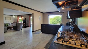 A modern kitchen with a gas stove, black cabinets, and a large window. - Rosita with a Waterfall Jacuzzi & Rain Forest feel (Lambeau)