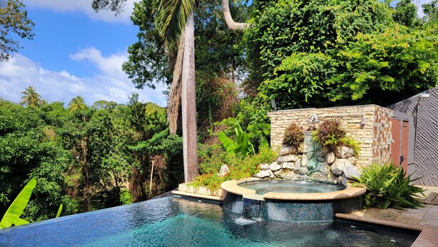 A clear swimming pool with a waterfall feature, surrounded by lush greenery and a stone wall. - Rosita with a Waterfall Jacuzzi & Rain Forest feel (Lambeau)