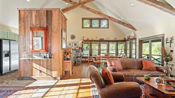 Smart TV, fireplace, books, music library